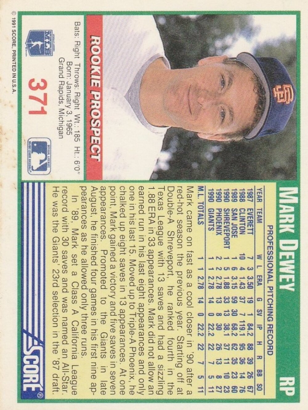 Mark Dewey - Score 91 Rookie Prospect Baseball Card - Picture 2 of 2